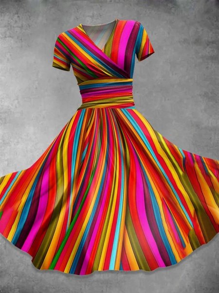

Romantic Colorful Striped V Neck Short Sleeve Comfy Vintage Maxi Dress, As picture, Dresses