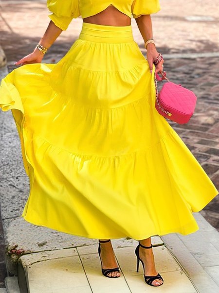 

Vacation Ruched Plain Loosen Maxi Skirt, Yellow, Skirts