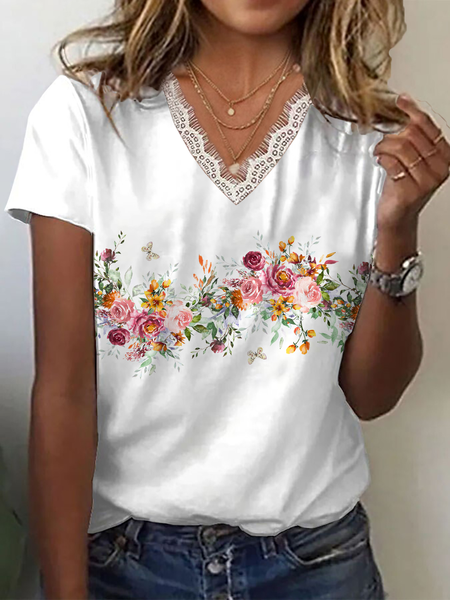 Women Floral Short Sleeve Tee T-shirt V Neck Printing Casual Summer Graphic Tee Top, White, T-Shirts