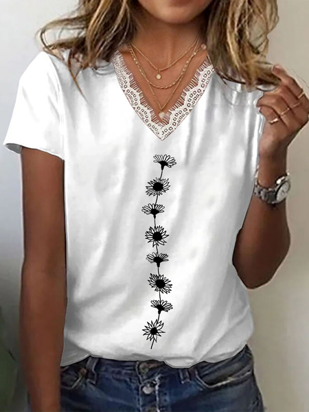Women Floral Short Sleeve Tee T-shirt V Neck Printing Casual Summer Graphic Tee Top, White, T-Shirts