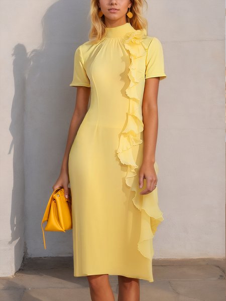 

Elegant Plain Peplum Mock Neck Knee Length Dress, Yellow, Midi Dresses