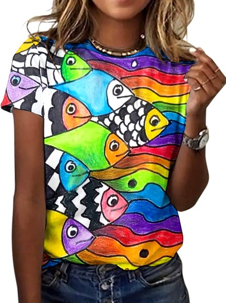 

Casual Animal Crew Neck Short Sleeve T-shirt, Multicolor, T-shirts