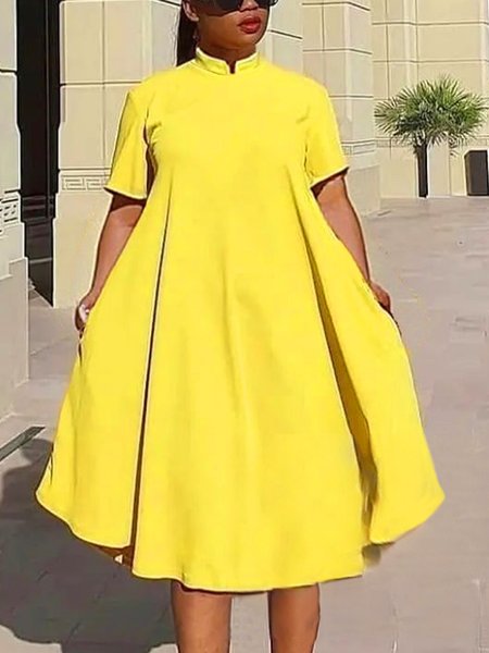 

Elegant Plain Loosen Stand Collar Knee Length Dress, Yellow, Midi Dresses
