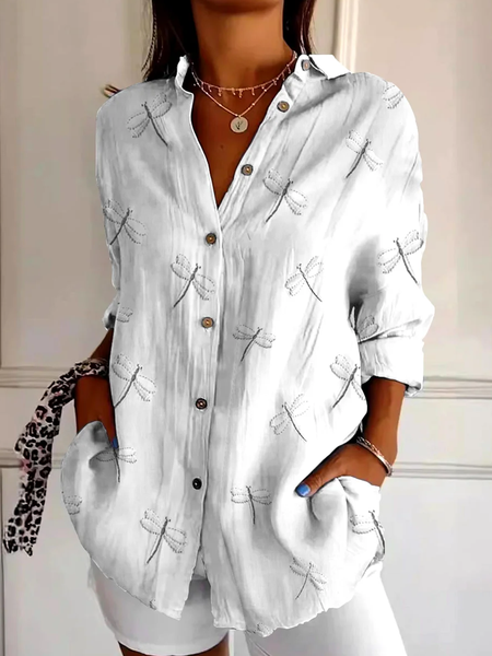 

Shirt Collar Long Sleeve Dragonfly Regular Micro-Elasticity Regular Fit Shirt For Women, As picture, Shirts