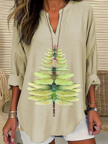 

Shawl Collar Half Sleeve Dragonfly Regular Loose Blouse For Women, Khaki, Blouses