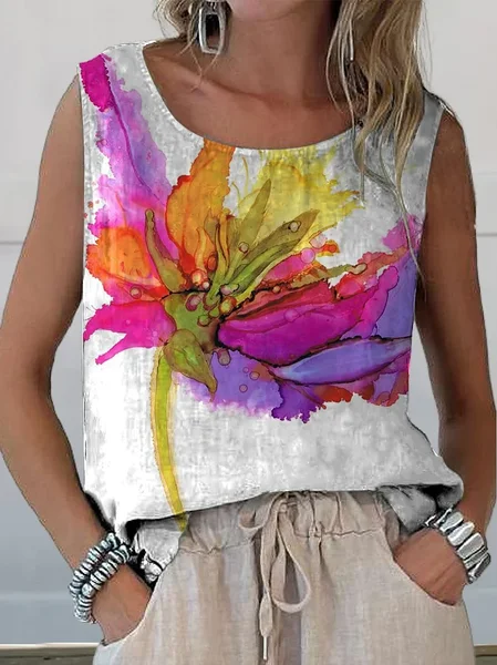 

Women Sleeveless Tank Top Camisole Summer Floral Printing Crew Neck Daily Casual Top, White, Tanks & Camis