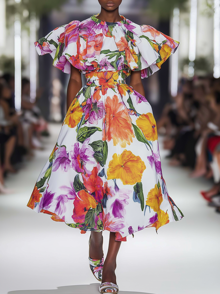 

Urban Floral Bell Sleeve Printing Crew Neck Midi Dress, As picture, Midi Dresses