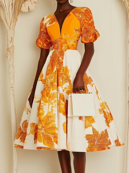 Elegant Floral Printing Deep V Neck Midi Dress, As picture, Midi Dresses