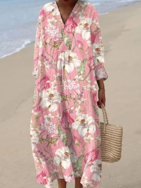 

Women Floral Crew Neck Short Sleeve Comfy Casual Maxi Dress, Pink, Dresses