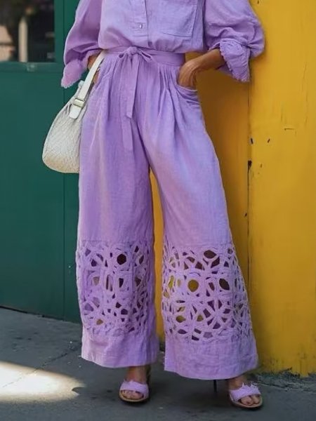 Cotton And Linen Casual Plain Split Joint Wide Leg Pants, Purple, Pants