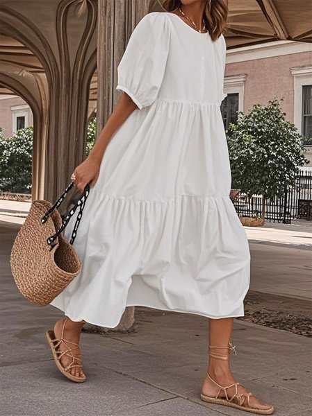 Casual Loose Solid Color Round Neck Three-Section Dress, White, Maxi Dresses