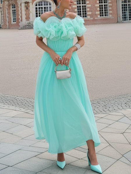 Elegant Plain 3D Floral Cold Shoulder Maxi Party Dress, As picture, Maxi Dresses