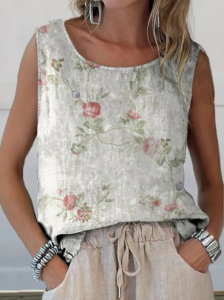 

Women Sleeveless Tank Top Camisole Summer Floral Printing Crew Neck Daily Casual Top, White, Tanks & Camis