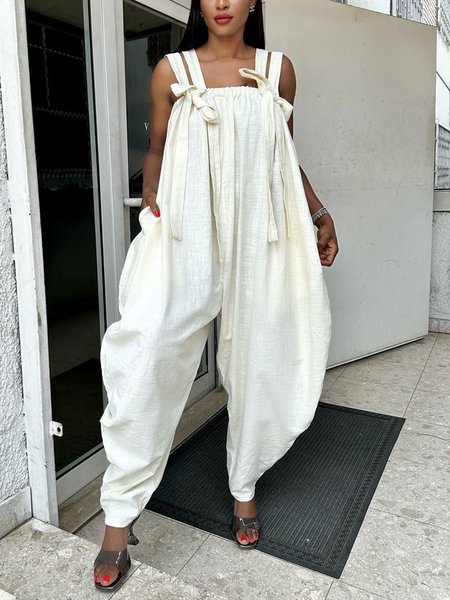 

Cotton And Linen Vacation Distressing Plain Spaghetti Cami Jumpsuit, White, Jumpsuits