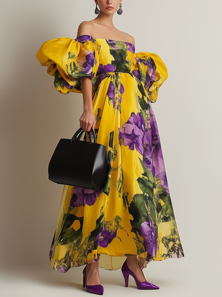 Elegant Floral Puff Sleeve Ruched Off The Shoulder Maxi Dress, As picture, Maxi Dresses