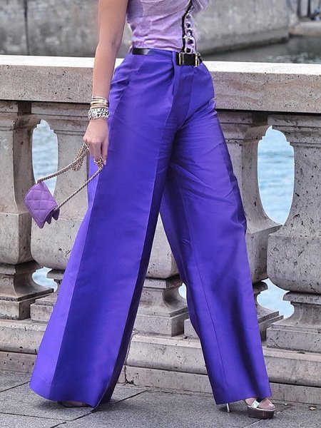 Elegant Plain Satin Fashion Pants No Belt, Purple, Pants