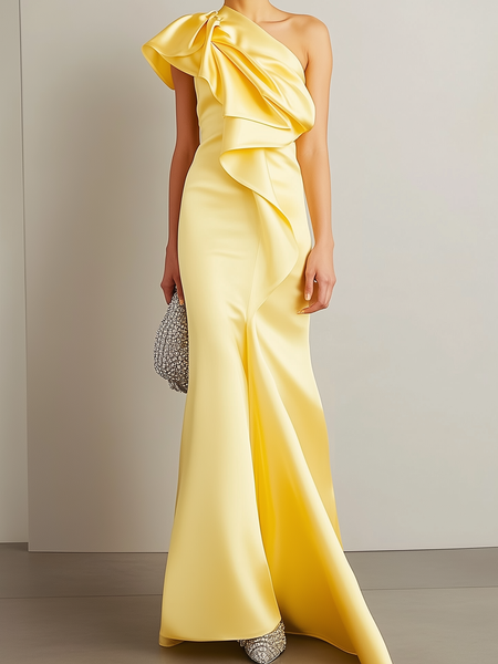 Elegant Plain Ruched One Shoulder Maxi Dress, Yellow, Maxi Dresses