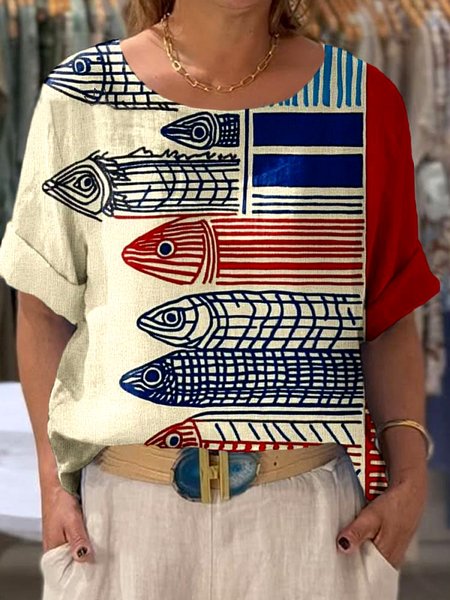 

Casual Geometric Crew Neck Short Sleeve T-shirt, Khaki, T-shirts