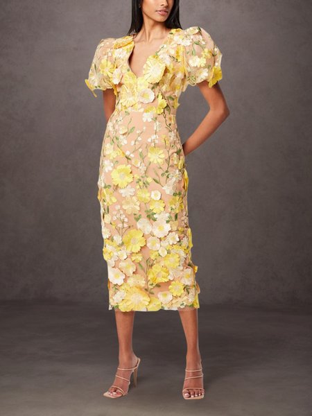 Elegant Floral Embroidery Puff Sleeve Midi Party Dress, Yellow, Midi Dresses