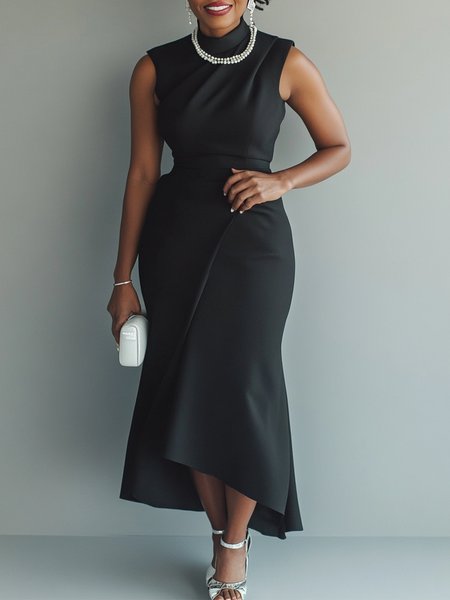 Elegant Plain Irregular Craftsmanship Stand Collar Maxi Dress, Black, Maxi Dresses