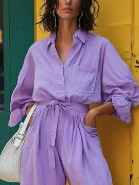 

Cotton And Linen Casual Plain Peplum Shirt Collar Bell Sleeve Shirt, Purple, Blouses and Shirts