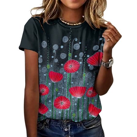 

Casual Floral Crew Neck Short Sleeve T-shirt, Black, T-shirts