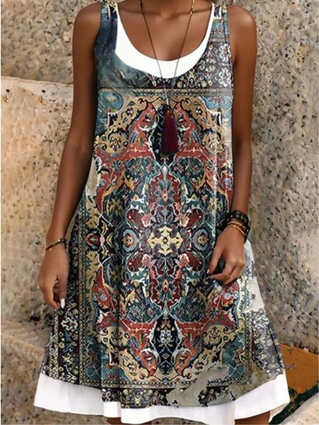 

Vacation Ethnic Crew Neck Sleeveless Comfy Casual Midi Dress, As picture, Dresses