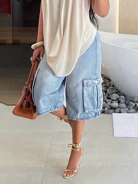 Plus Size Loose Plain Casual Denim Jeans, Blue, Plus Pants