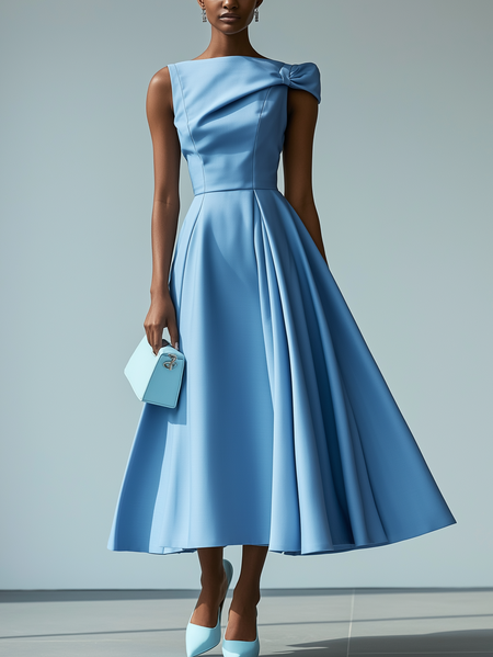

Elegant Plain Bow Asymmetrical Midi Dress, Blue, Maxi Dresses