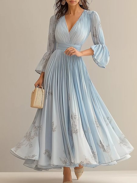 

Elegant Floral Bell Sleeve Printing Maxi Dress, Blue, Maxi Dresses