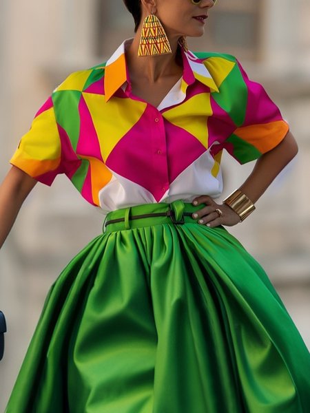 Elegant Geometric Printing Shirt Collar Shirt, As picture, Blouses and Shirts