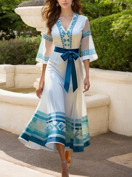 Elegant Geometric Printing V Neck Maxi Dress With Belt, As picture, Maxi Dresses