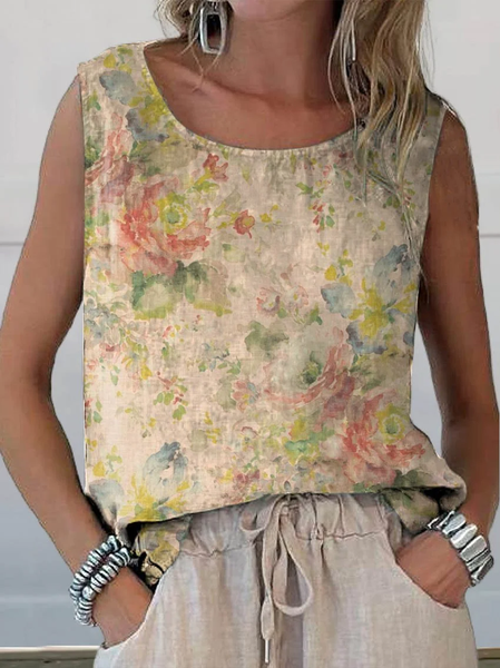

Women Sleeveless Tank Top Camisole Summer Floral Printing Crew Neck Daily Casual Top, Apricot, Tanks & Camis