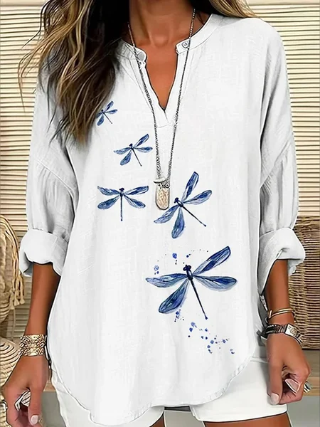 

Shawl Collar Half Sleeve Dragonfly Regular Loose Blouse For Women, As picture, Blouses