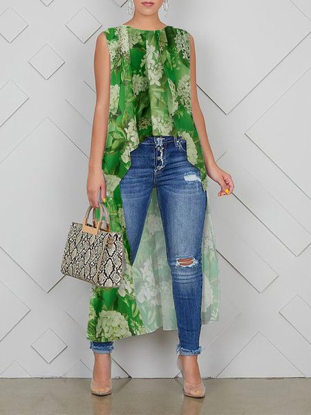 

Casual Floral Printing Crew Neck Blouse, Green, Blouses and Shirts