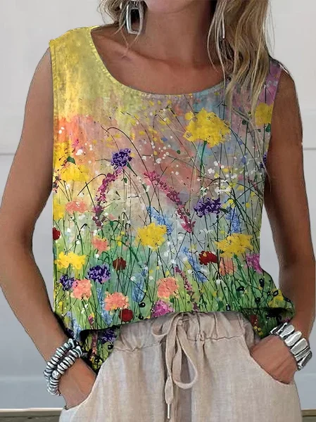 

Women Sleeveless Tank Top Camisole Summer Floral Printing Crew Neck Daily Casual Top, As picture, Tanks & Camis