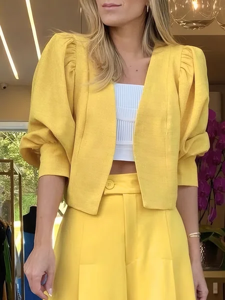 

Elegant Puff Sleeve Gathered Plain Cross Neck Kimono, Yellow, Jackets