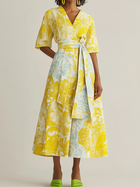 Casual Floral Printing Cross Neck Midi Dress With Belt, As picture, Midi Dresses