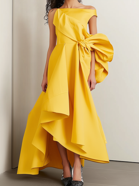 Elegant Plain Ruched Bow Off The Shoulder Maxi Dress, Yellow, Maxi Dresses