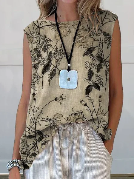 

Women Sleeveless Tank Top Camisole Summer Floral Printing Crew Neck Daily Casual Top, Khaki, Tanks & Camis