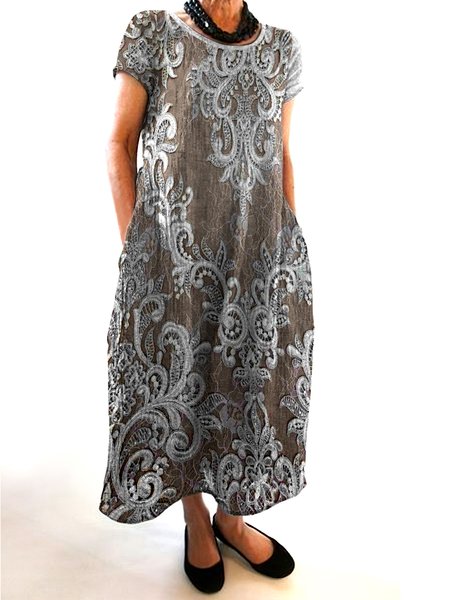 

Women Floral Crew Neck Short Sleeve Comfy Casual Maxi Dress, Brown, Maxi