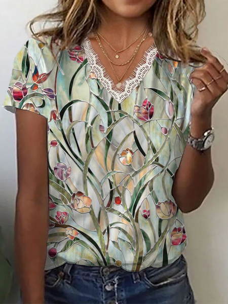 Women Floral Short Sleeve Tee T-shirt V Neck Printing Casual Summer Graphic Tee Top, Green, T-Shirts