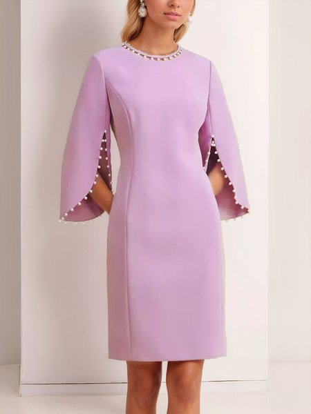 

Elegant Plain Bell Sleeve Pearl Crew Neck Knee Length Dress, As picture, Midi Dresses