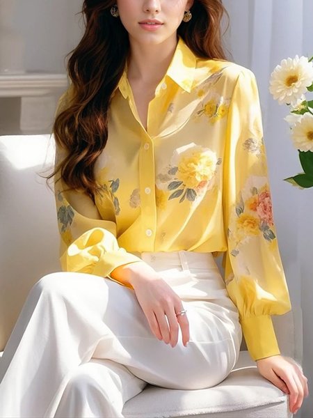 Elegant Floral Printing Shirt Collar Shirt, Yellow, Blouses and Shirts