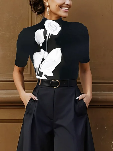 Urban Floral Printing Stand Collar T-shirt, Black, Tees
