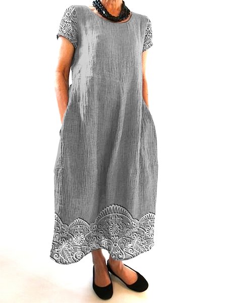 

Women Floral Crew Neck Short Sleeve Comfy Casual Maxi Dress, Gray, Maxi