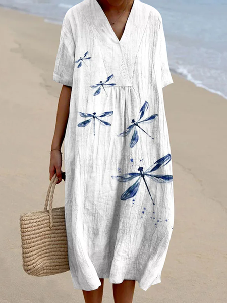 

Crew Neck Dragonfly Vacation Dress With No, As picture, Maxi Dresses