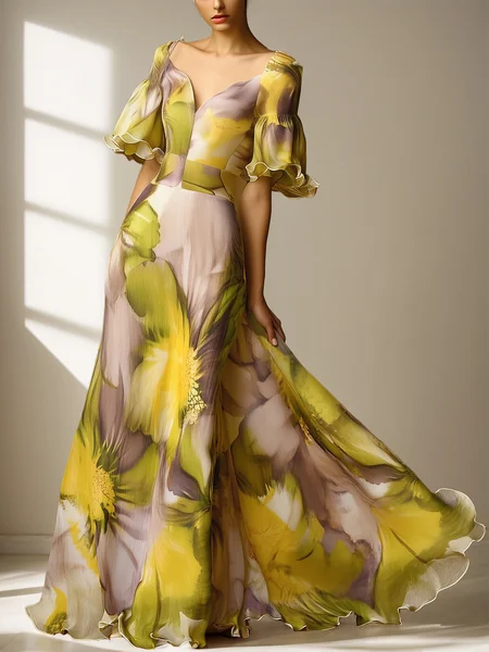 

Elegant Floral Printing Sweetheart Neckline Maxi Dress, Yellow, Maxi Dresses