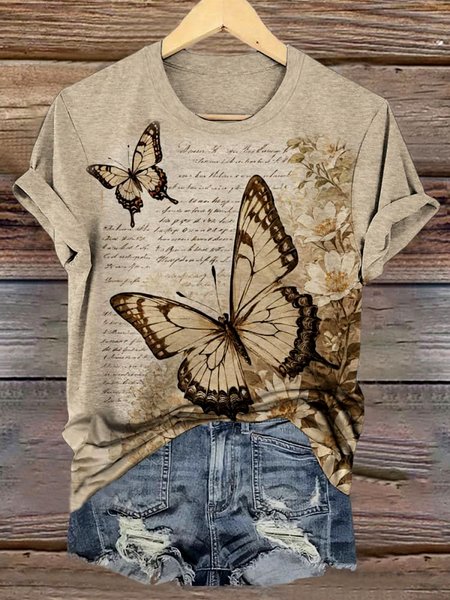 

Casual Floral Crew Neck Short Sleeve T-shirt, Apricot, T-shirts