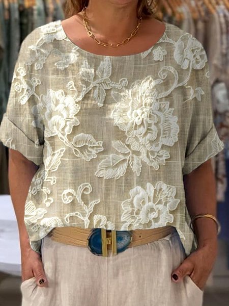 

Casual Floral Crew Neck Short Sleeve T-shirt, Khaki, T-shirts